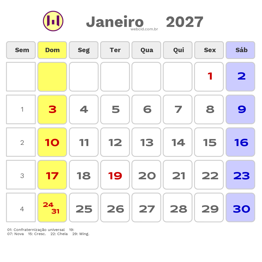 Calendário 2027 - Janeiro - Tiradentes-MG com feriados e fases da lua
