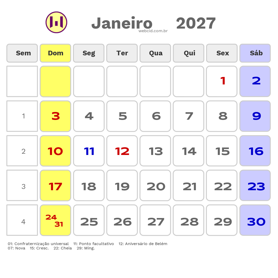Calendário 2027 - Janeiro - Belém-PA com feriados e fases da lua