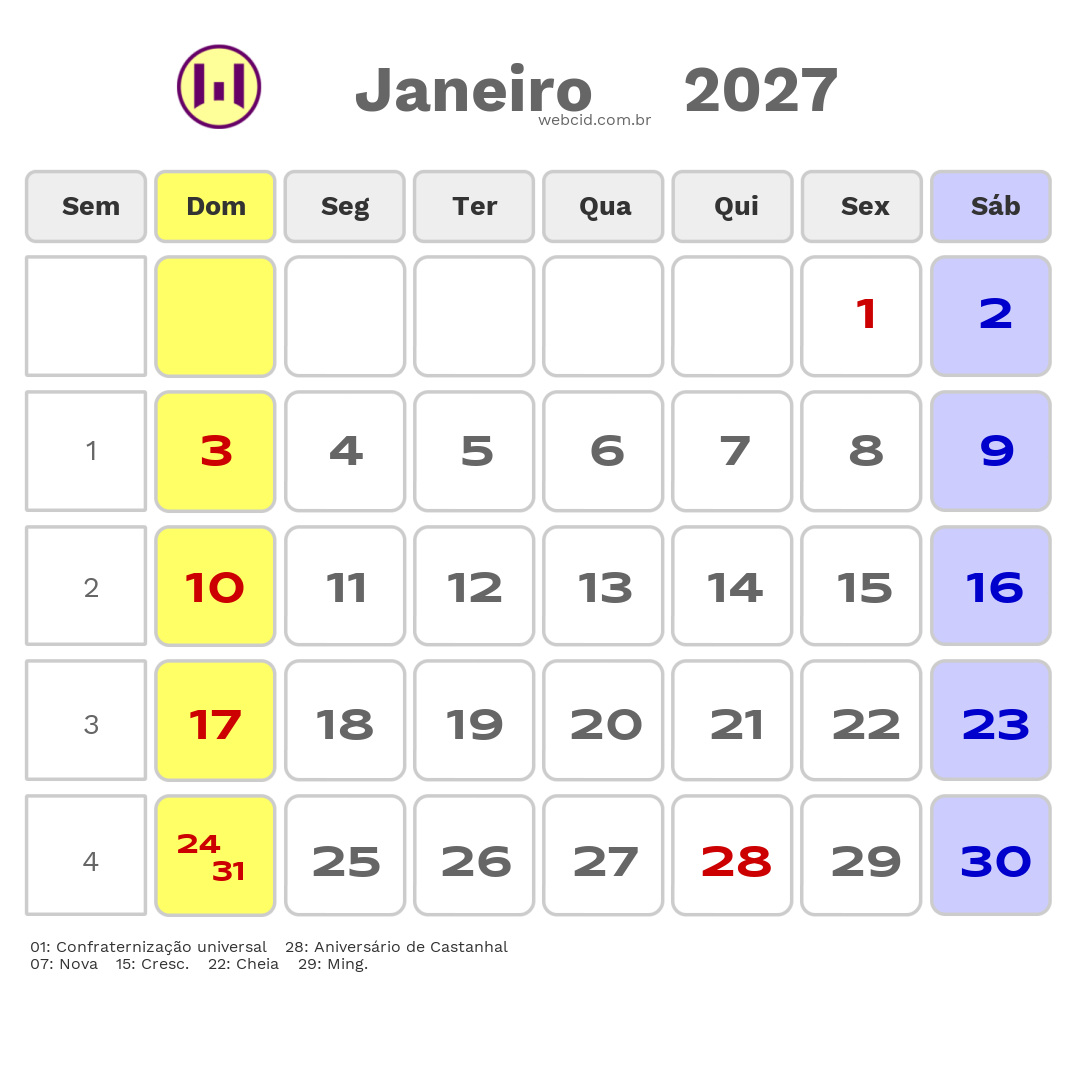 Calendário 2027 - Janeiro - Castanhal-PA com feriados e fases da lua