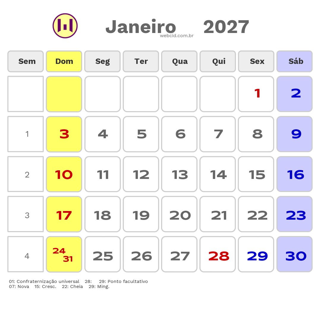 Calendário 2027 - Janeiro - Apucarana-PR com feriados e fases da lua