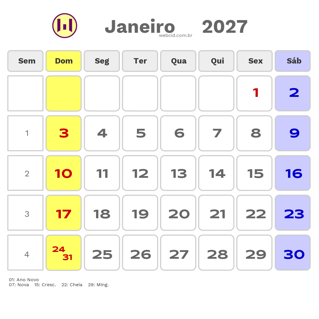Calendário 2027 - Janeiro - Portugal com feriados e fases da lua