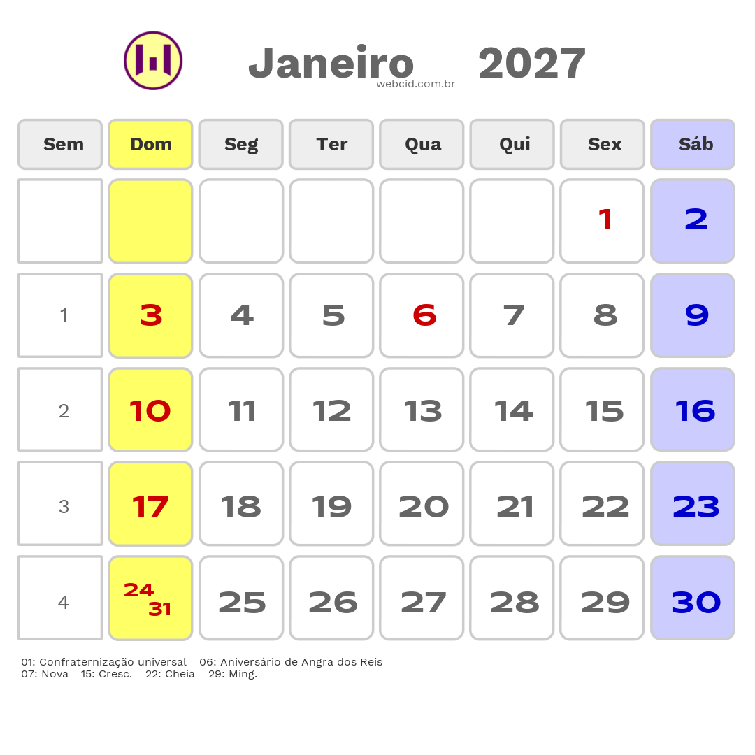 Calendário 2027 - Janeiro - Angra dos Reis-RJ com feriados e fases da lua