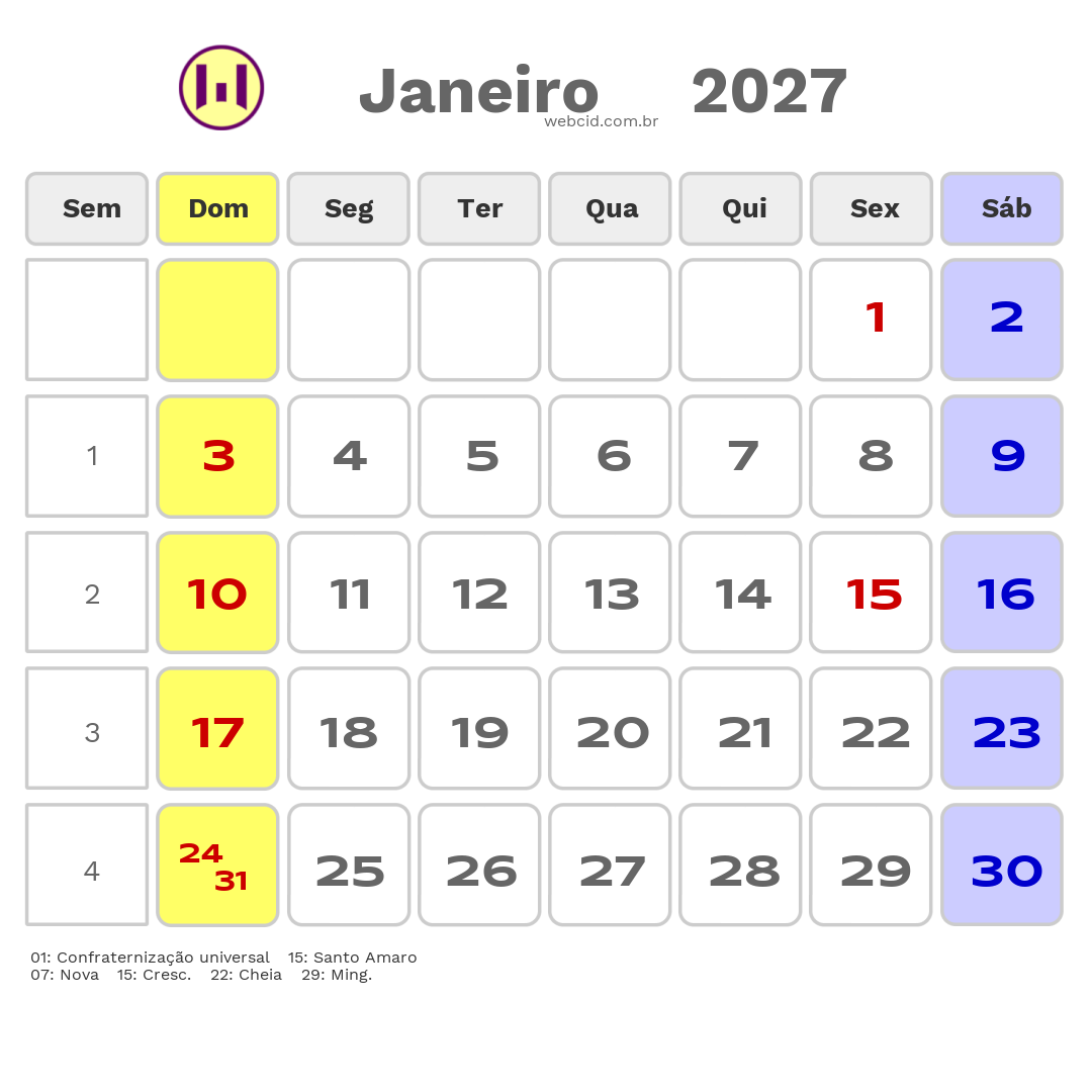 Calendário 2027 - Janeiro - Campos dos Goytacazes-RJ com feriados e fases da lua