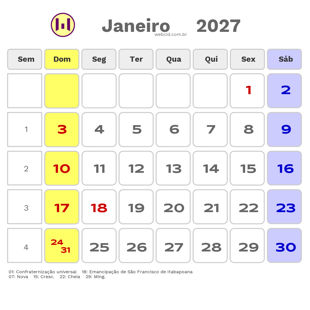 Calendário 2027 - Janeiro - São Francisco de Itabapoana-RJ com feriados e fases da lua