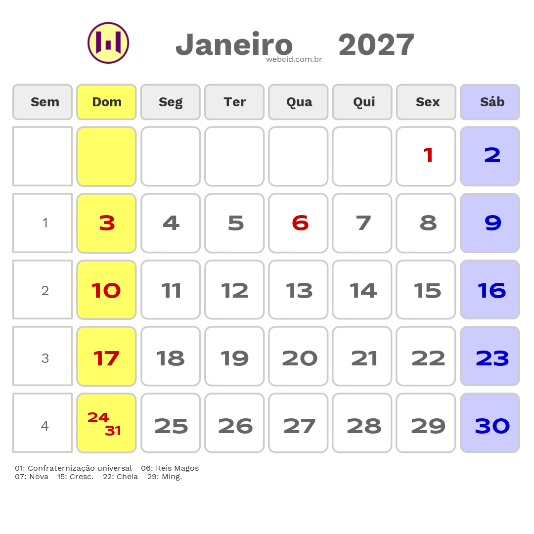Calendário 2027 - Janeiro - Natal-RN com feriados e fases da lua