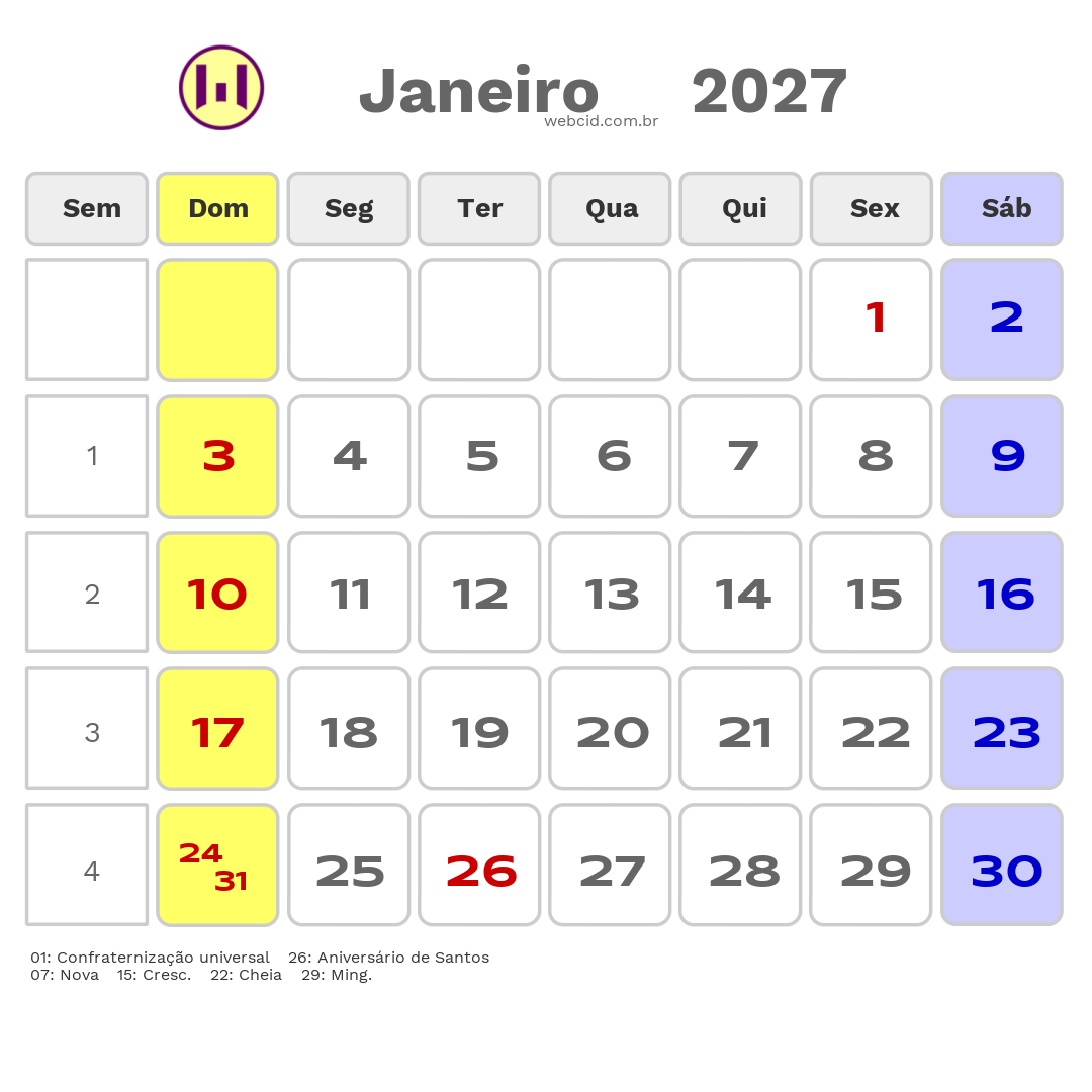 Calendário 2027 - Janeiro - Santos-SP com feriados e fases da lua