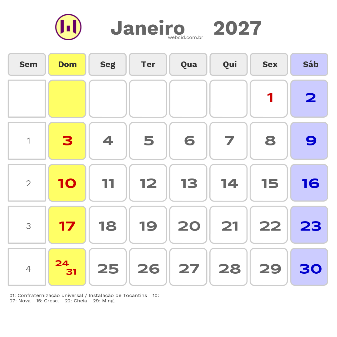 Calendário 2027 - Janeiro - Alianca do Tocantins-TO com feriados e fases da lua