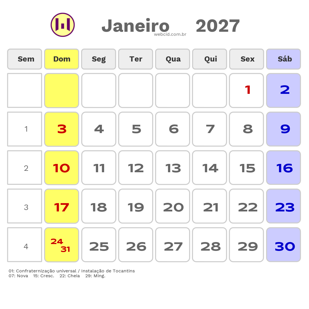 Calendário 2027 - Janeiro - Miracema do Tocantins-TO com feriados e fases da lua