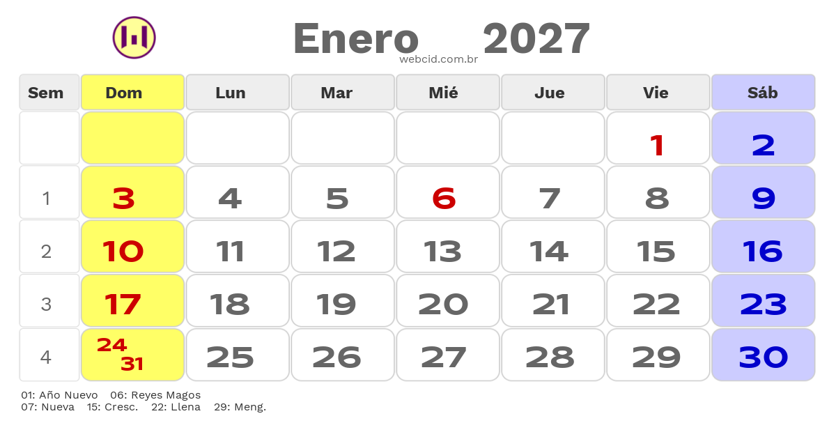 Calendario 2027 - Enero - Argentina com feriados e fases da lua