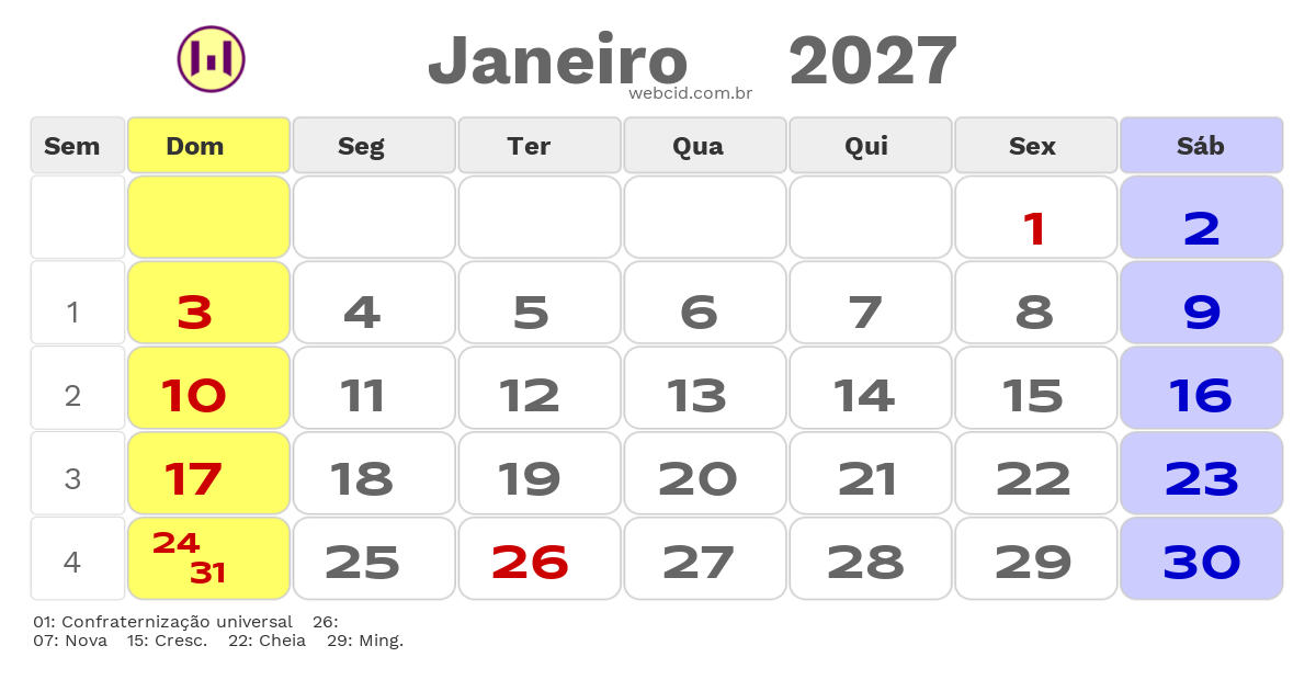 Calendário 2027 - Janeiro - Itacare-BA com feriados e fases da lua