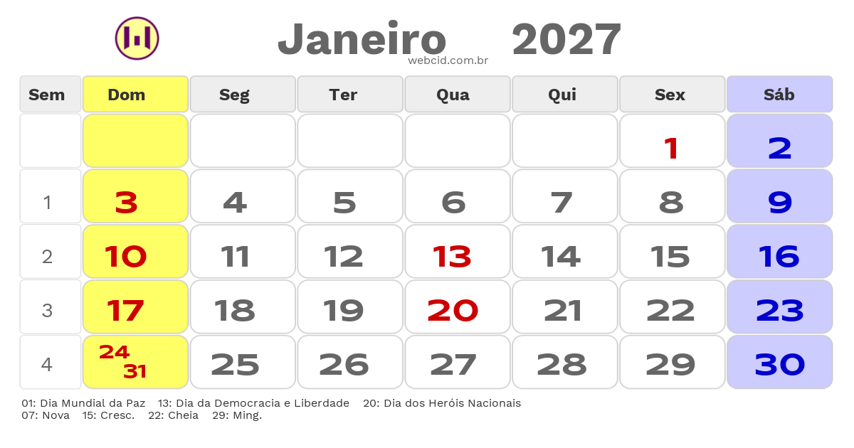 Calendário 2027 - Janeiro - Cabo Verde com feriados e fases da lua