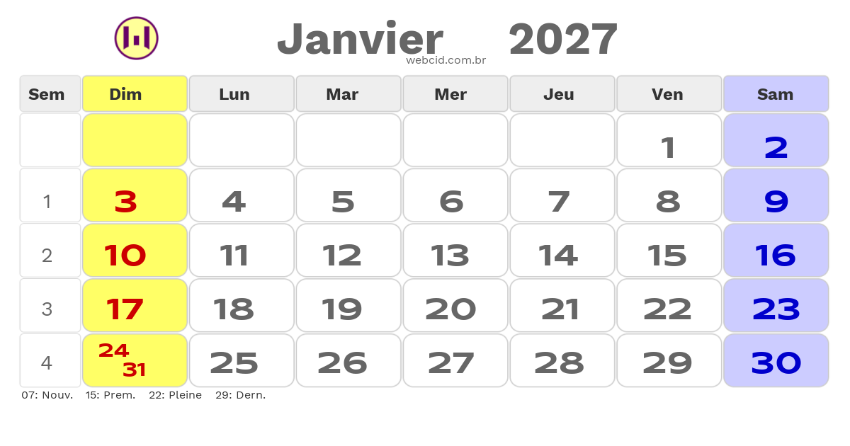 Calendrier 2027 - Janvier - La France com feriados e fases da lua