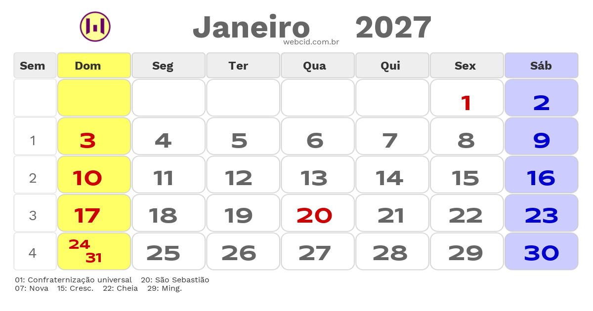 Calendário 2027 - Janeiro - Raul Soares-MG com feriados e fases da lua