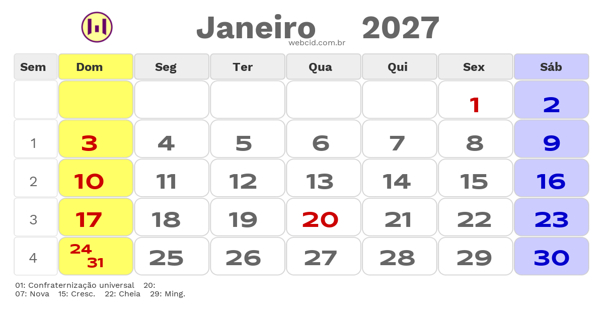 Calendário 2027 - Janeiro - Sao Gotardo-MG com feriados e fases da lua