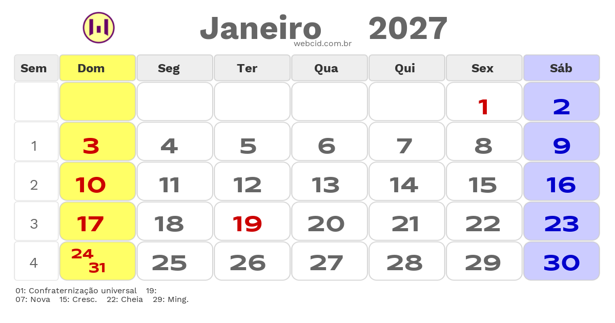 Calendário 2027 - Janeiro - Tiradentes-MG com feriados e fases da lua