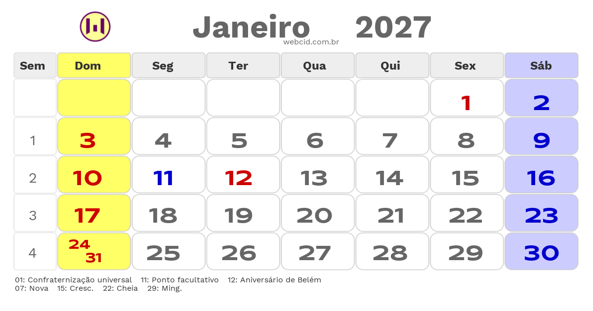 Calendário 2027 - Janeiro - Belém-PA com feriados e fases da lua