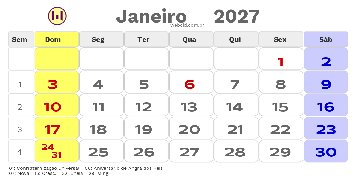 Calendário 2027 - Janeiro - Angra dos Reis-RJ com feriados e fases da lua