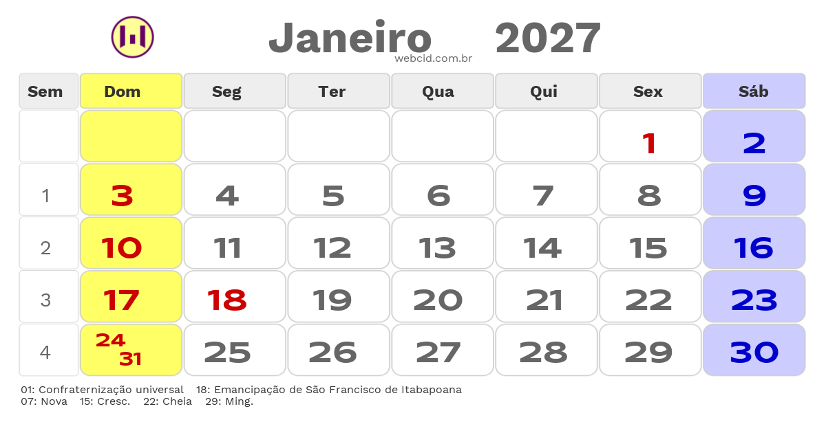 Calendário 2027 - Janeiro - São Francisco de Itabapoana-RJ com feriados e fases da lua