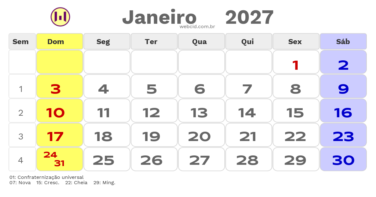 Calendário 2027 - Janeiro - Catanduva-SP com feriados e fases da lua