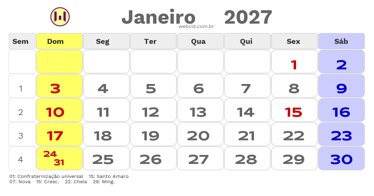 Calendário 2027 - Janeiro - Guarujá-SP com feriados e fases da lua