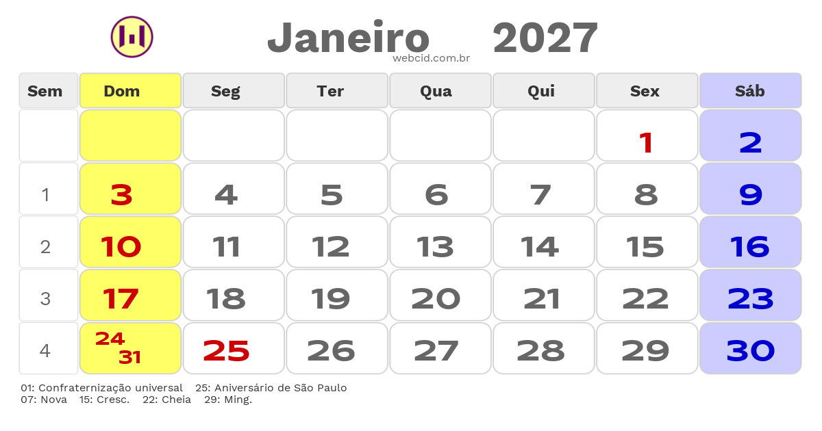 Calendário 2027 - Janeiro - São Paulo-SP com feriados e fases da lua