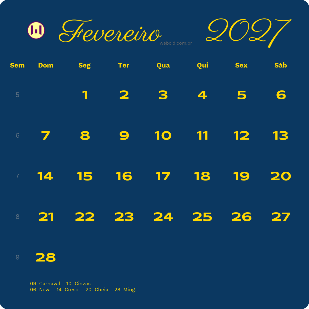 Calendário 2027 - Fevereiro - Brasil com feriados e fases da lua