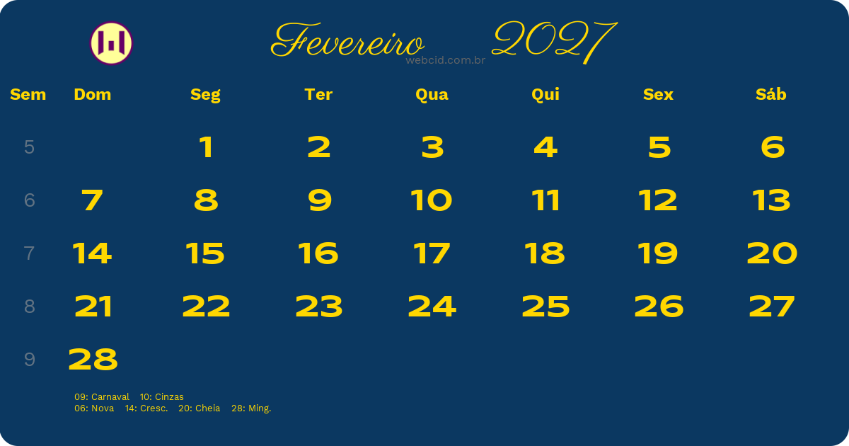 Calendário 2027 - Fevereiro - Brasil com feriados e fases da lua