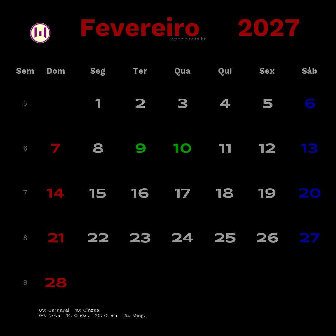 Calendário 2027 - Fevereiro - Brasil com feriados e fases da lua