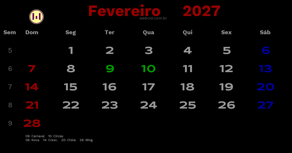 Calendário 2027 - Fevereiro - Brasil com feriados e fases da lua