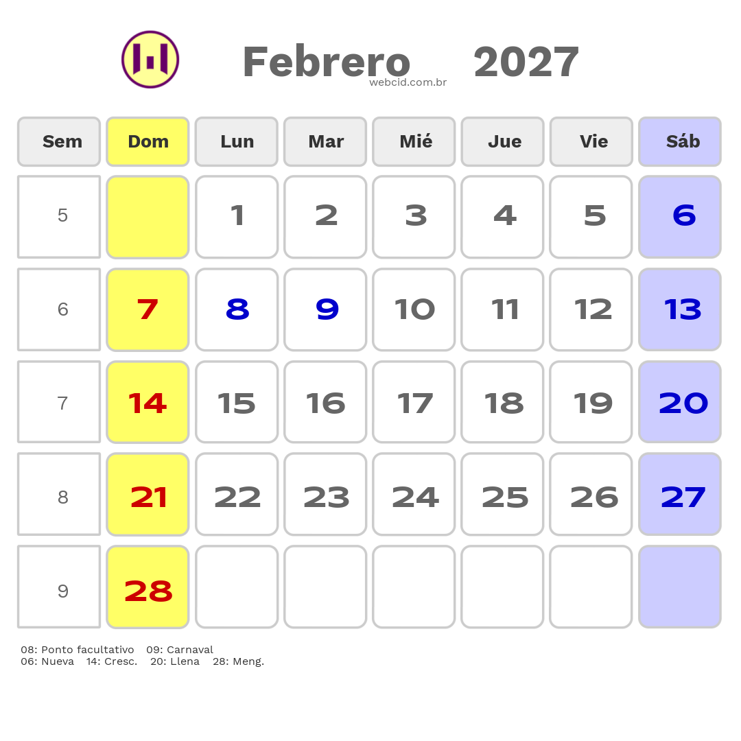Calendario 2027 - Febrero - Argentina com feriados e fases da lua