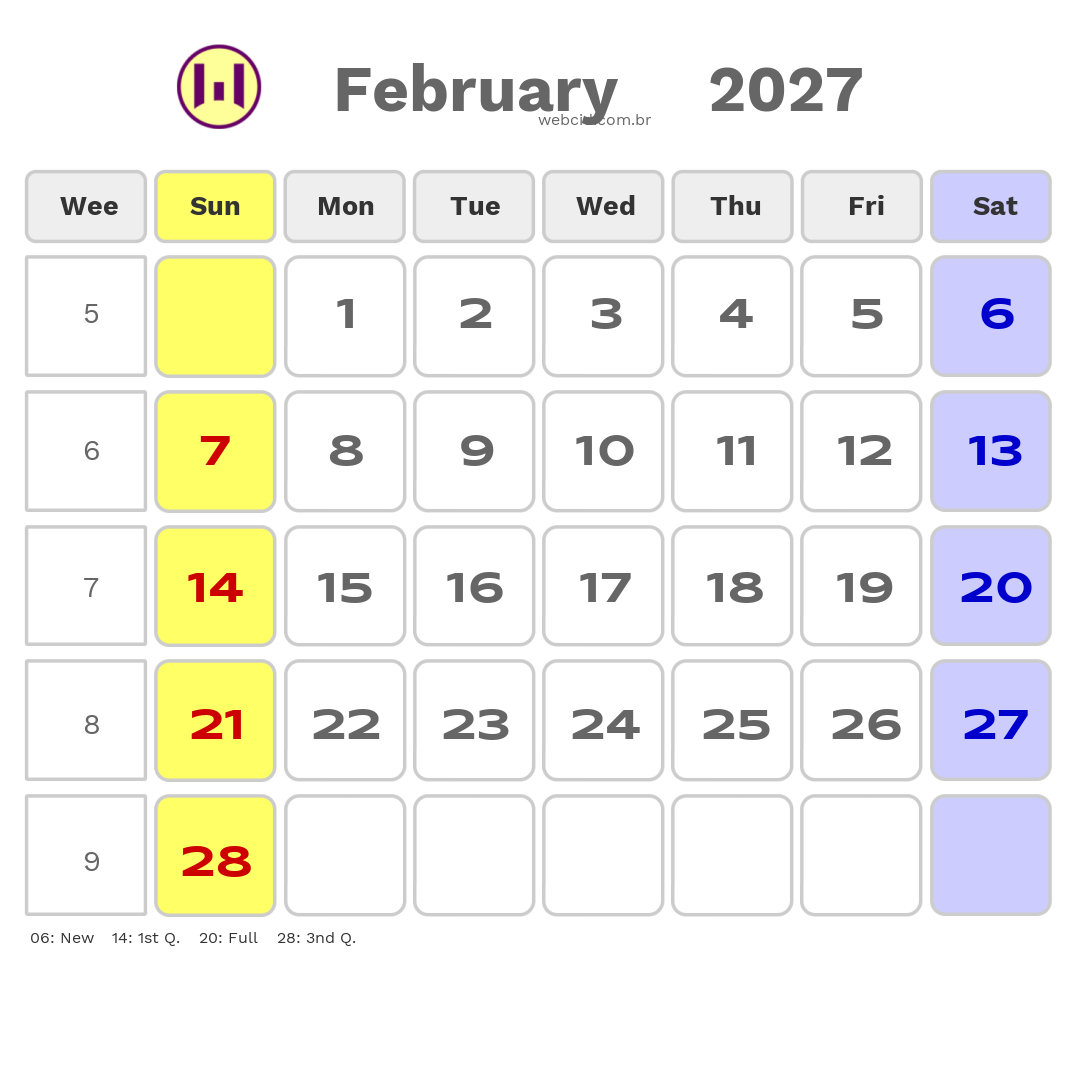 Calendar 2027 - February - Austrália com feriados e fases da lua