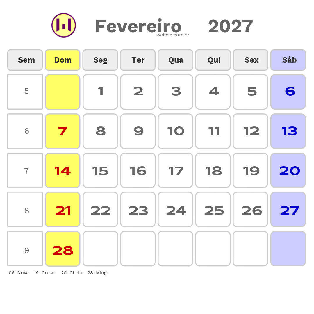 Calendário 2027 - Fevereiro - Cabo Verde com feriados e fases da lua