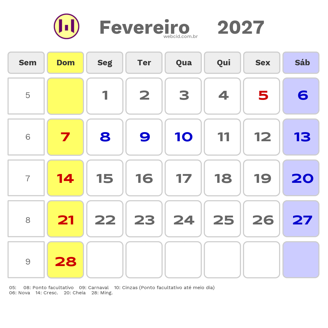 Calendário 2027 - Fevereiro - Varjota-CE com feriados e fases da lua