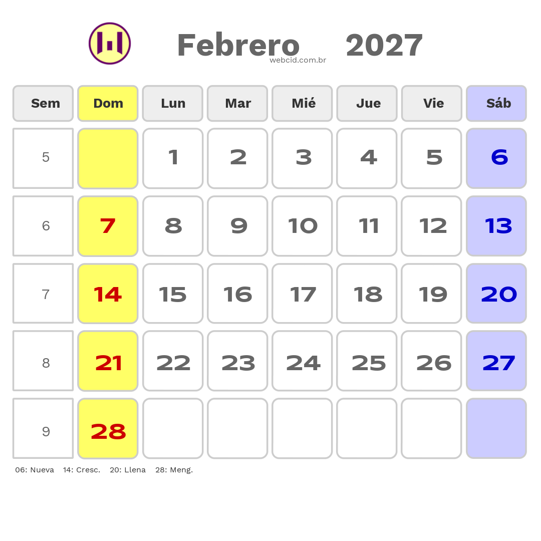 Calendario 2027 - Febrero - Colômbia com feriados e fases da lua