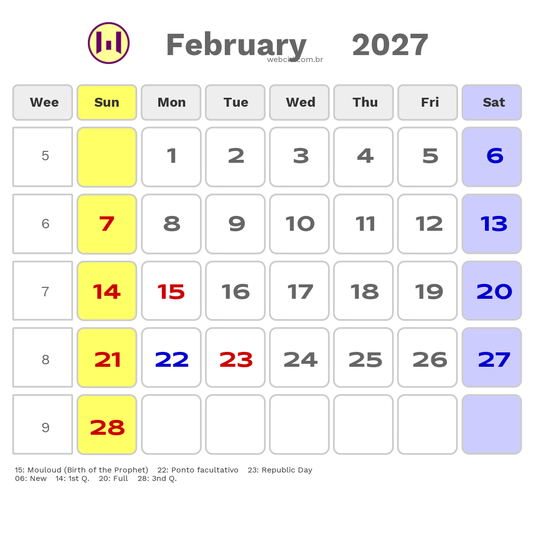 Calendar 2027 - February - Guyana com feriados e fases da lua