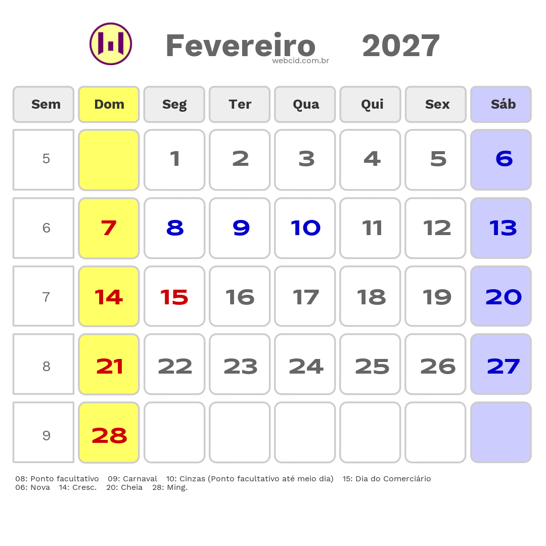 Calendário 2027 - Fevereiro - Muriaé-MG com feriados e fases da lua