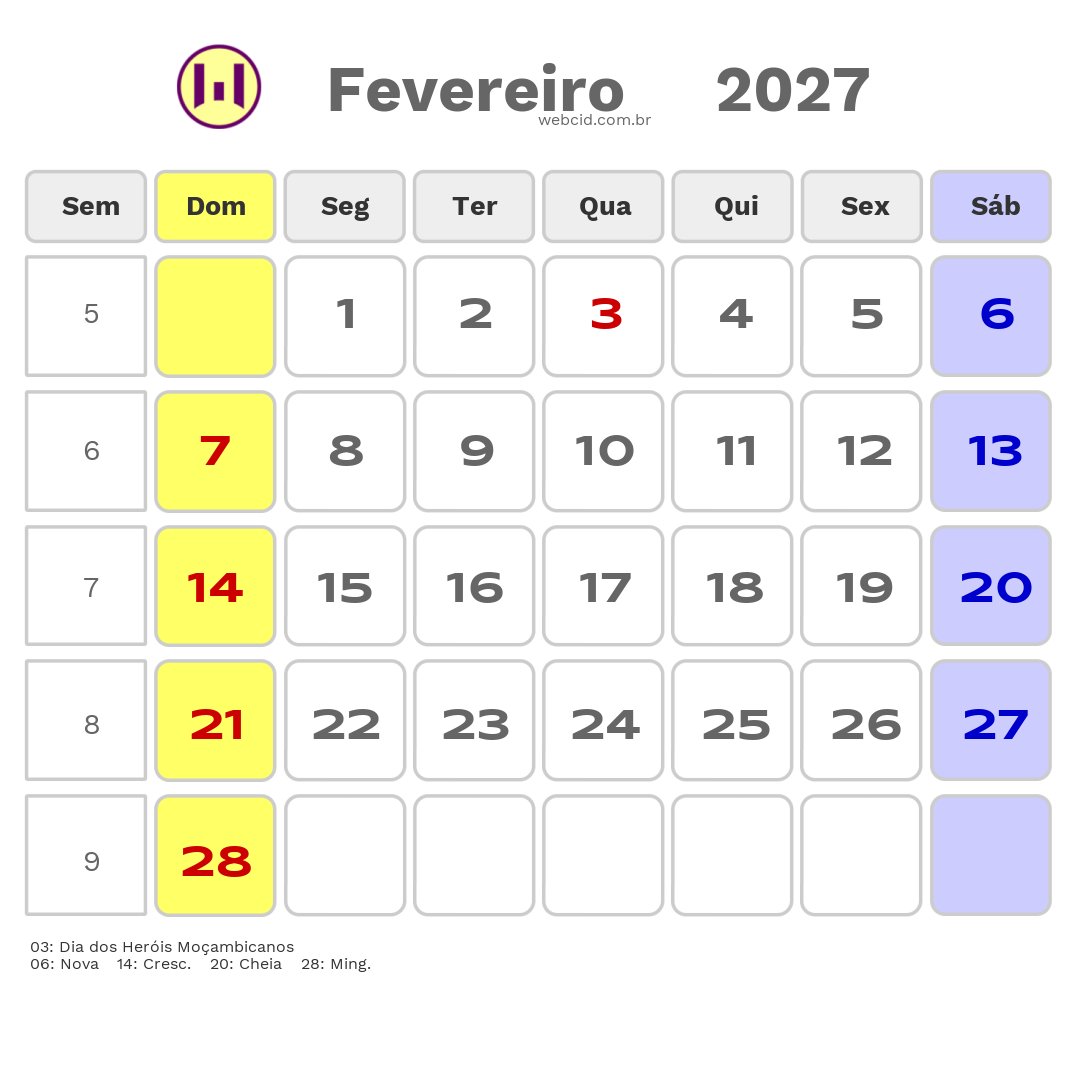 Calendário 2027 - Fevereiro - Moçambique com feriados e fases da lua