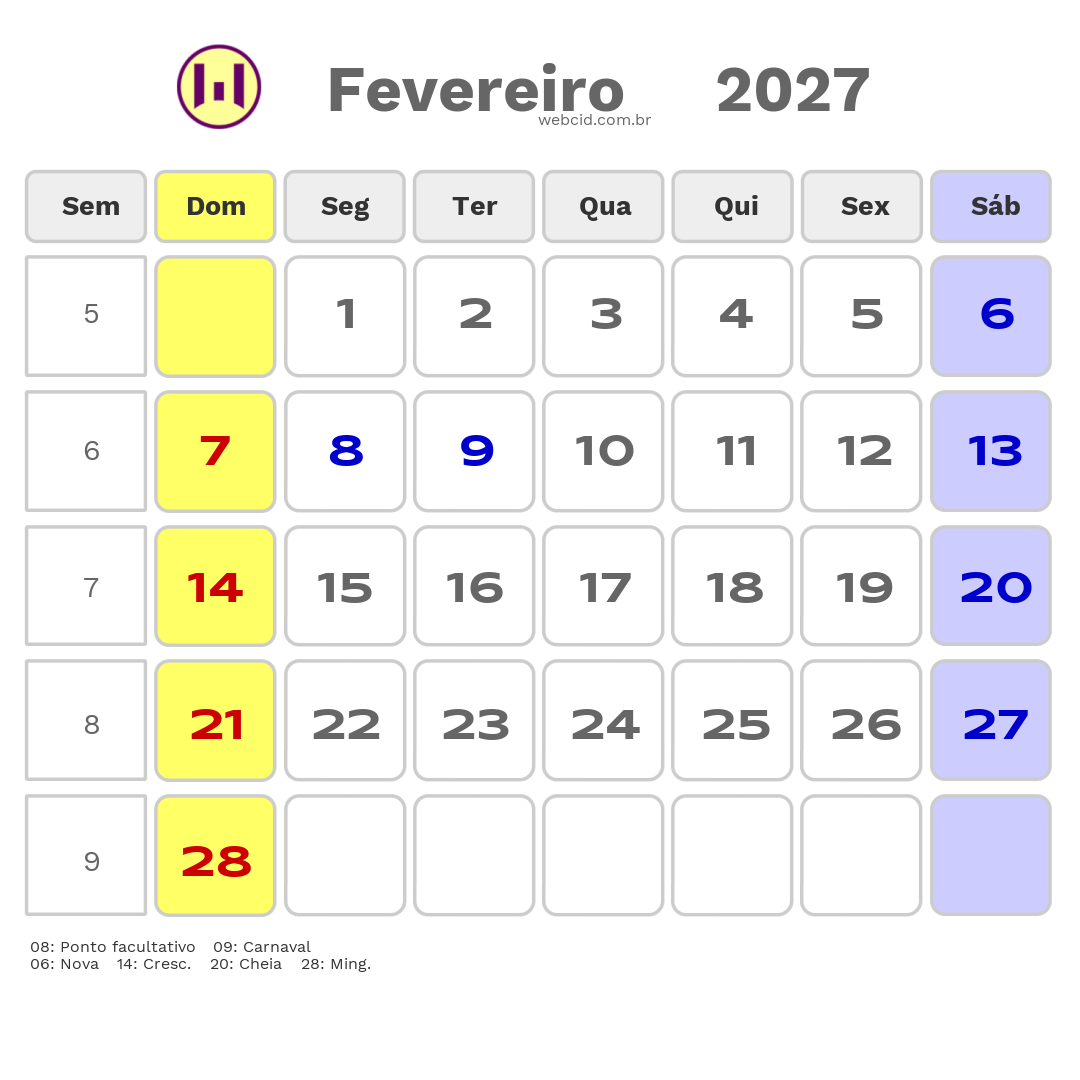 Calendário 2027 - Fevereiro - Portugal com feriados e fases da lua