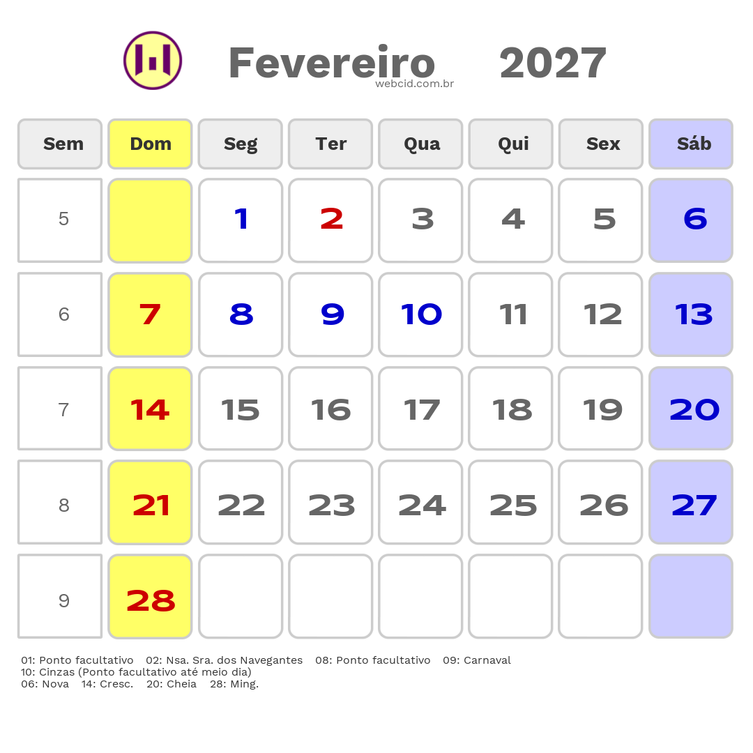 Calendário 2027 - Fevereiro - Canoas-RS com feriados e fases da lua