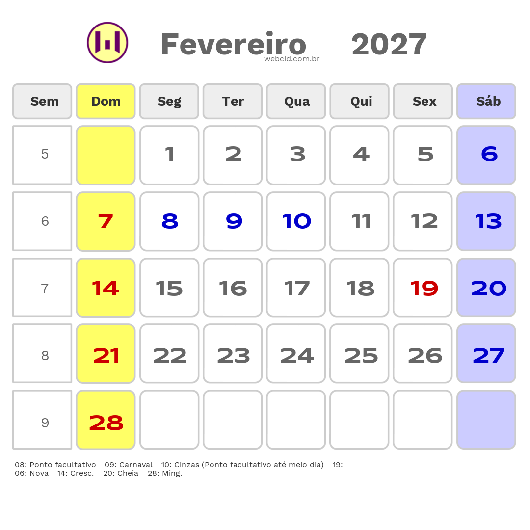 Calendário 2027 - Fevereiro - Sao Joao do Sul-SC com feriados e fases da lua
