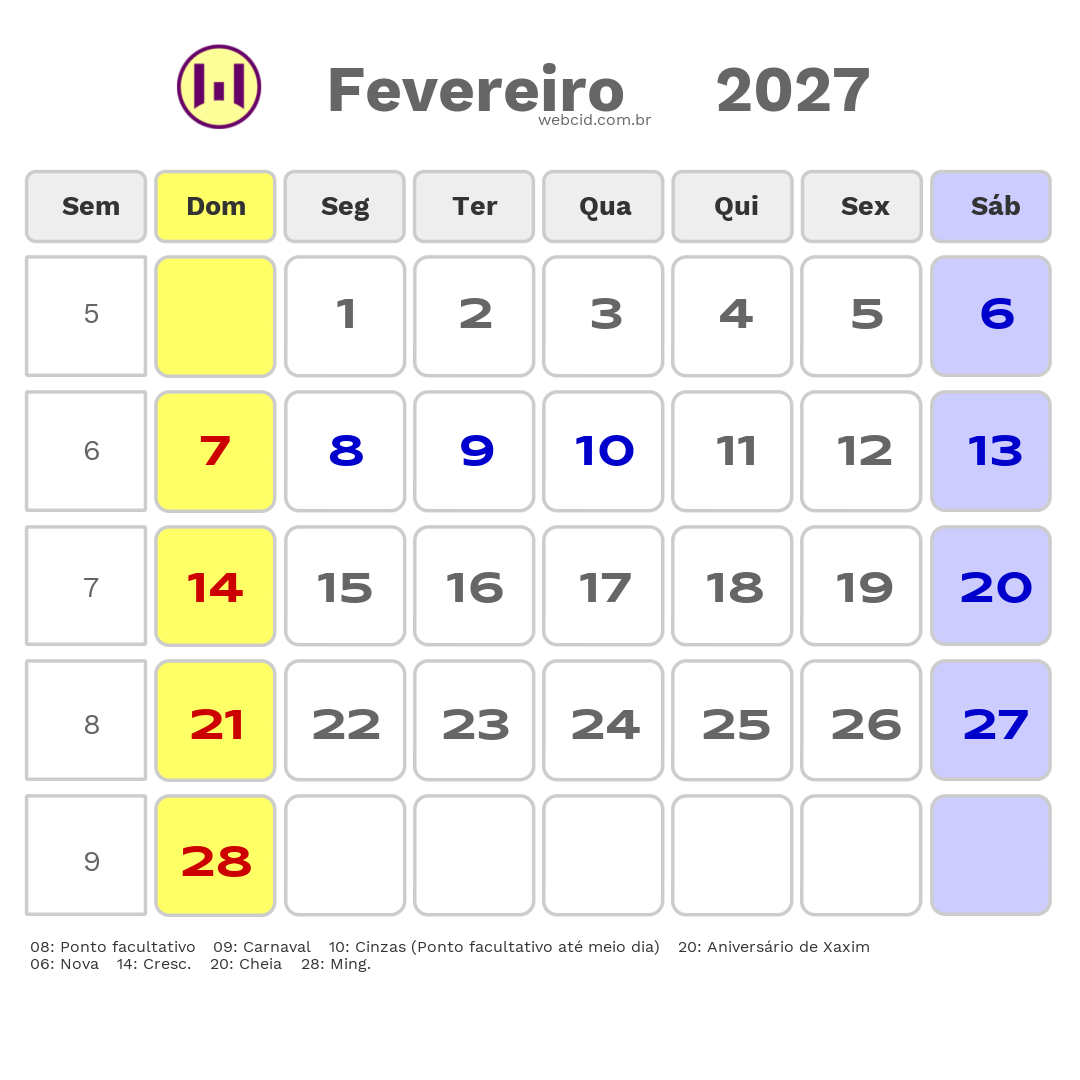 Calendário 2027 - Fevereiro - Xaxim-SC com feriados e fases da lua