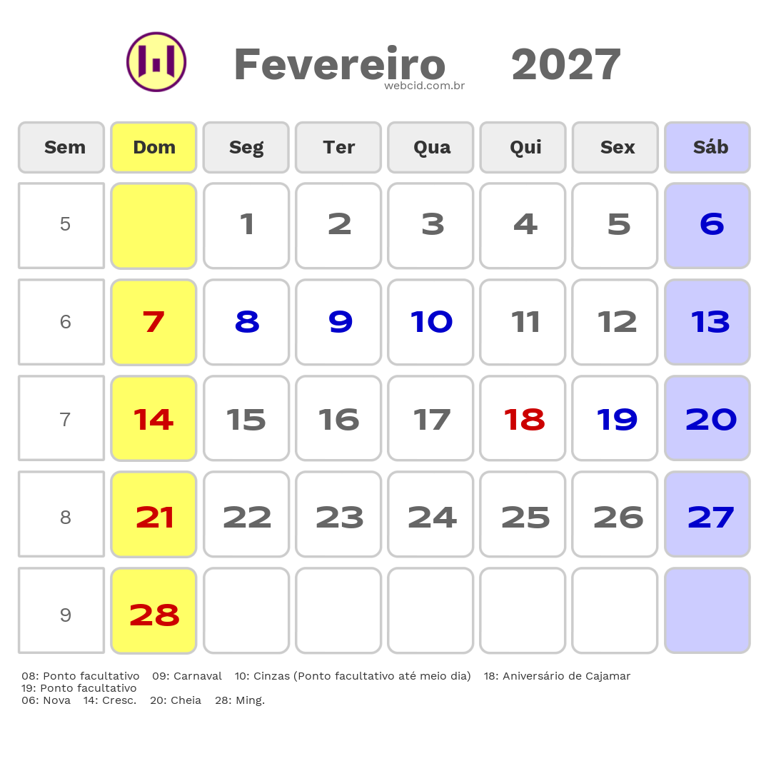 Calendário 2027 - Fevereiro - Cajamar-SP com feriados e fases da lua