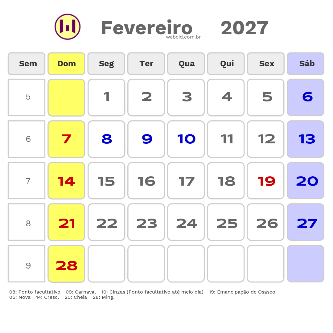 Calendário 2027 - Fevereiro - Osasco-SP com feriados e fases da lua