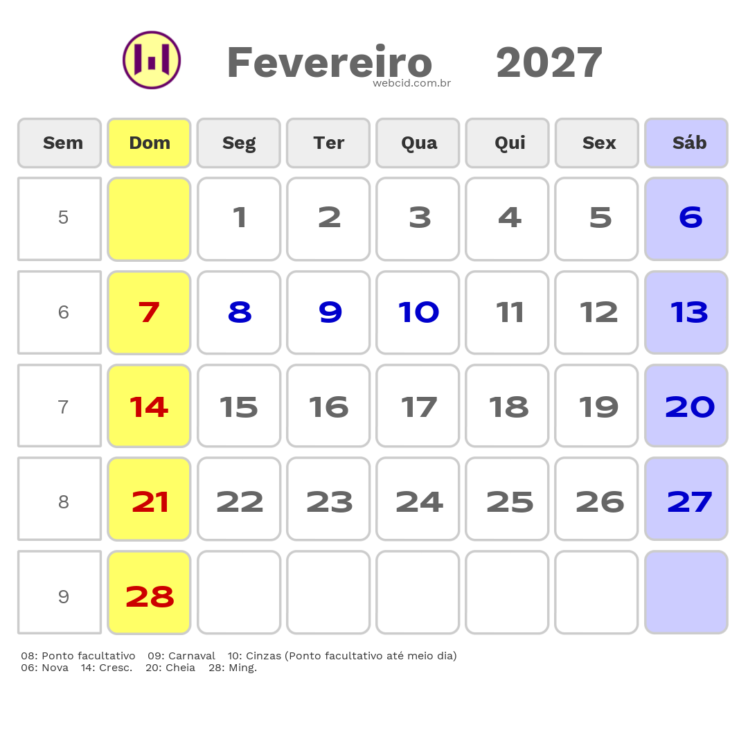 Calendário 2027 - Fevereiro - Itabaiana-SE com feriados e fases da lua