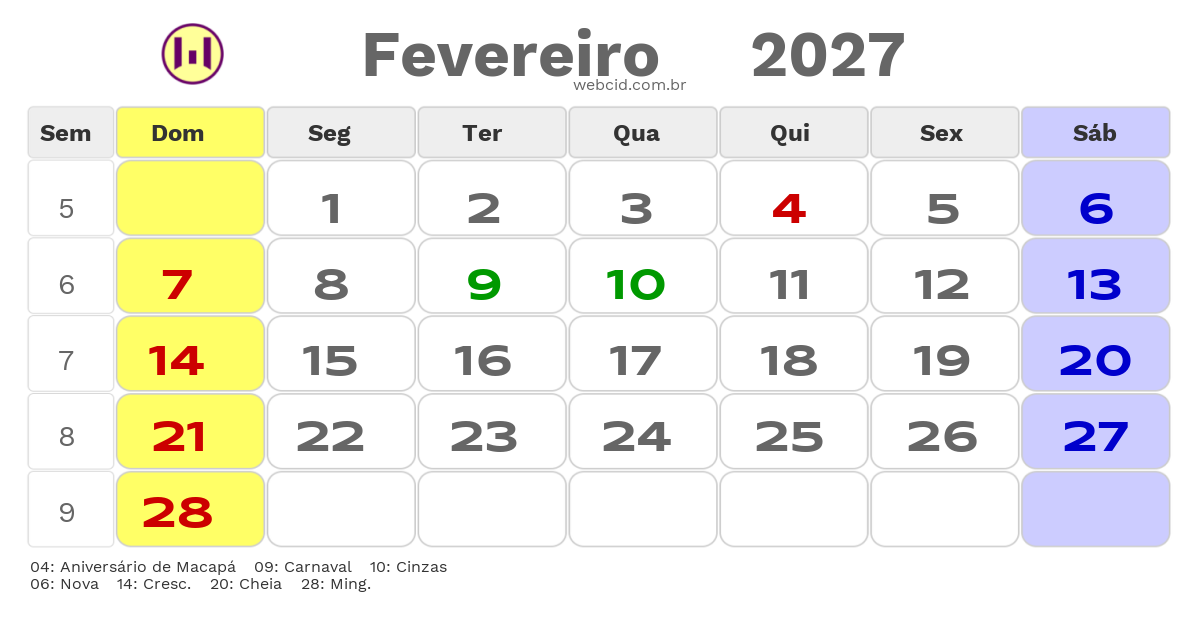 Calendário 2027 - Fevereiro - Macapá-AP com feriados e fases da lua