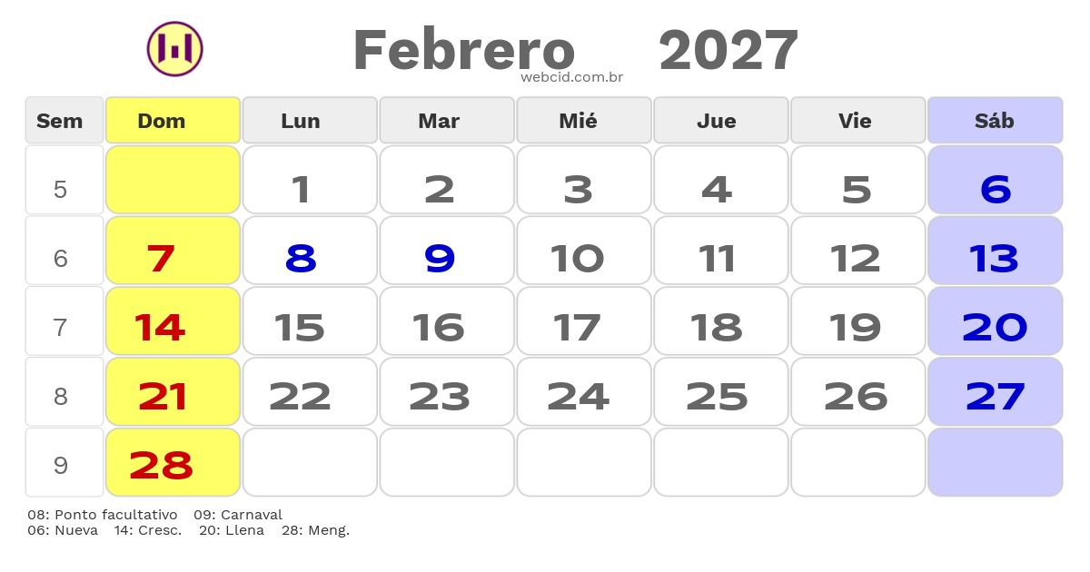 Calendario 2027 - Febrero - Argentina com feriados e fases da lua