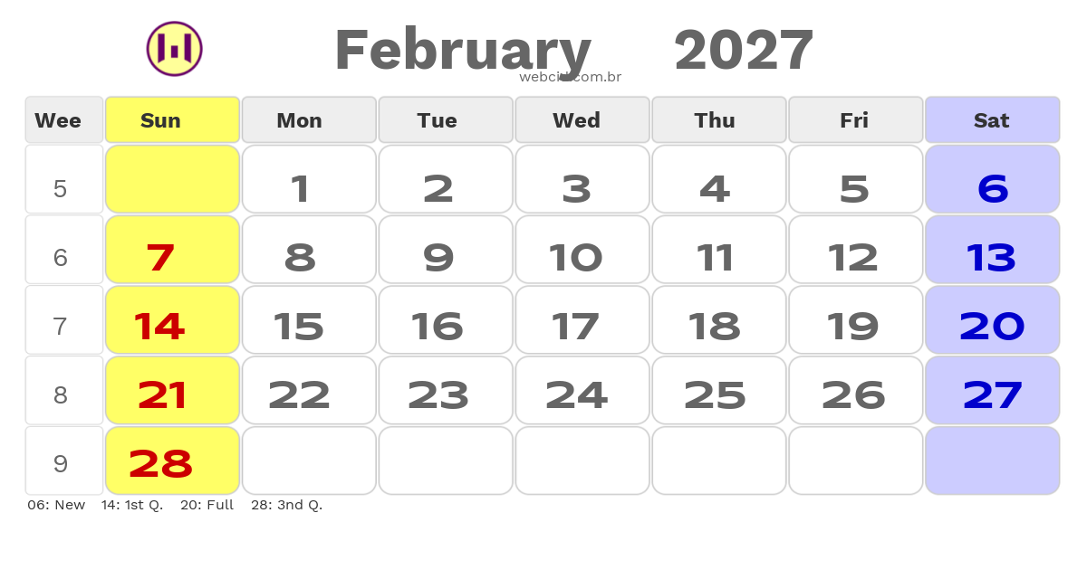 Calendar 2027 - February - Austrália com feriados e fases da lua