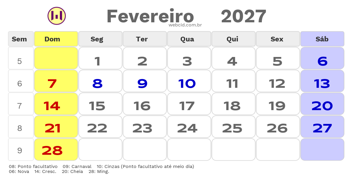 Calendário 2027 - Fevereiro - Salvador-BA com feriados e fases da lua