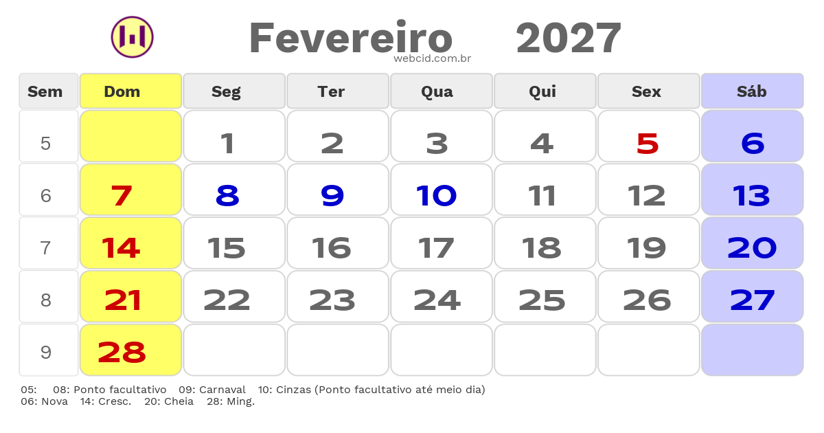 Calendário 2027 - Fevereiro - Varjota-CE com feriados e fases da lua