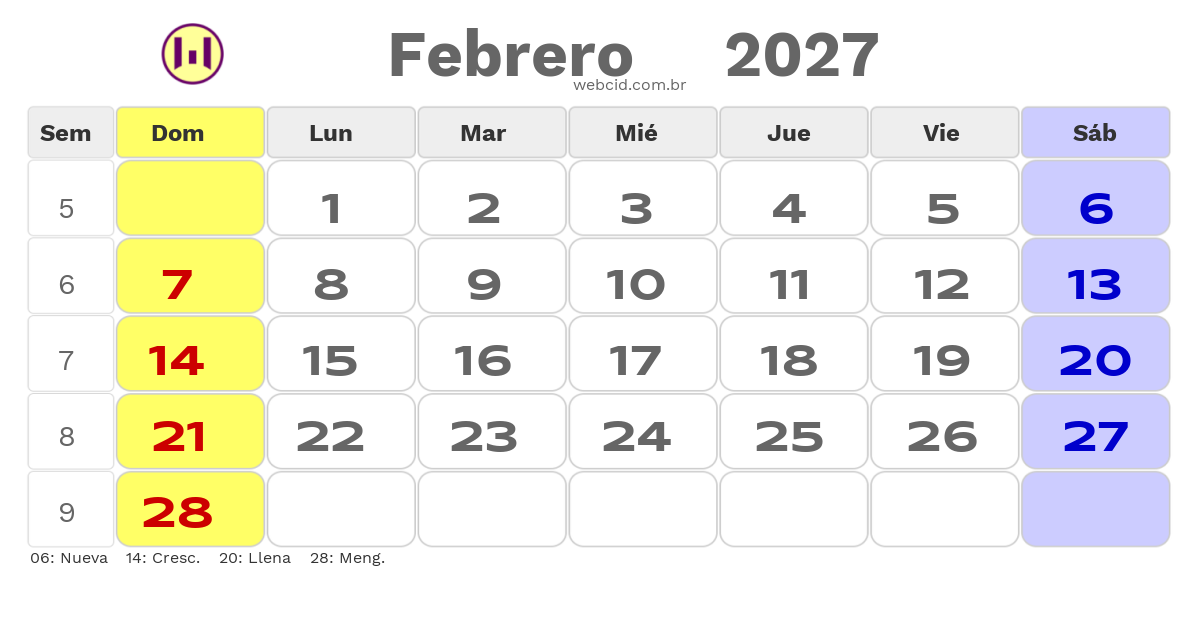 Calendario 2027 - Febrero - Colômbia com feriados e fases da lua